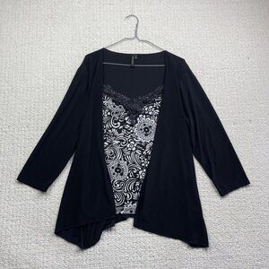 Susan Lawrence Top Blouse Womens Size XL Black Wrap Lace Floral AOP USA MADE
